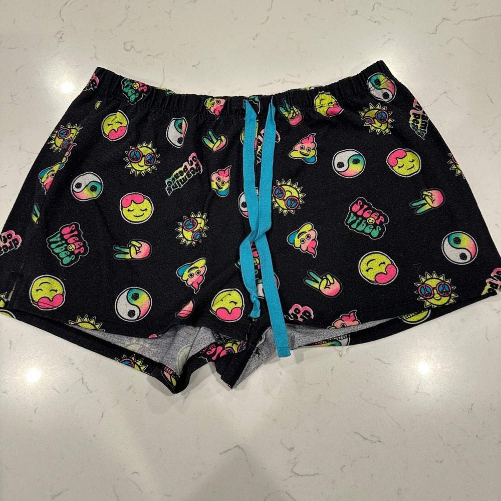 Justice Girls Sleep Shorts Black Emoji Peace Yin Yang Print Size 16/18 XL